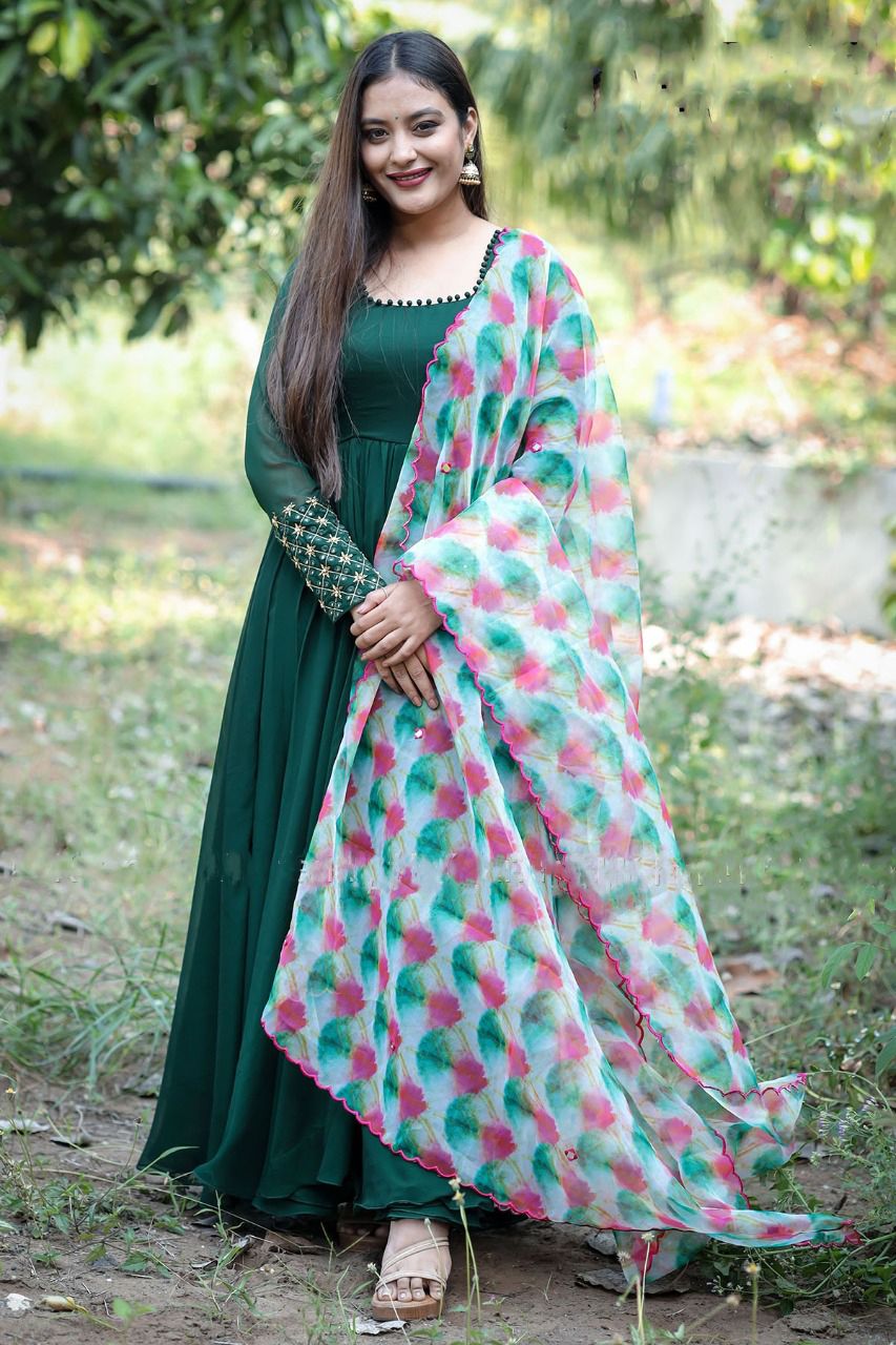 Green Color Long gown with heavy Banarasi Dupatta